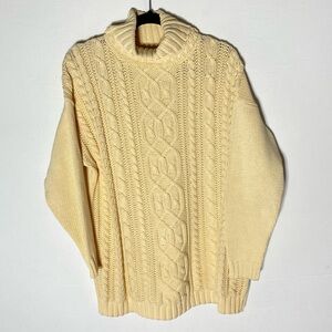 Vintage 90s Casual Connection Butter Yellow Cotton  Cable Knit Mock Neck Sweater